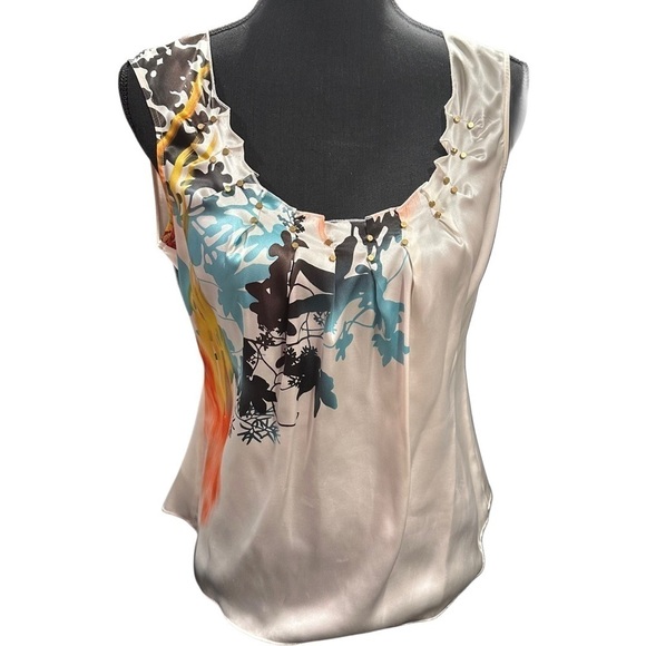 Tahari Sleeveless Blouse 100% silk studded ruffled neck ivory abstract color EUC - Picture 6 of 16